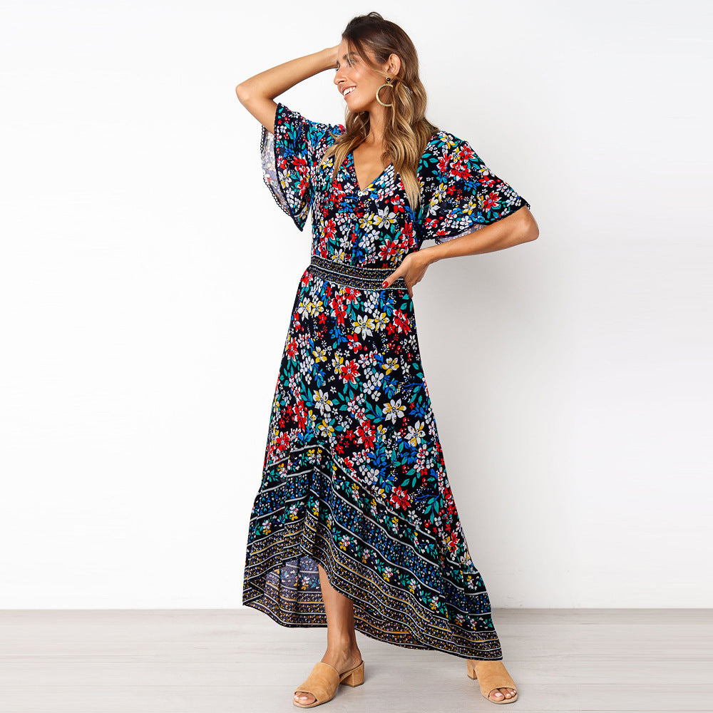Bohemian Floral Beach Print Flared Sleeve Dress Women