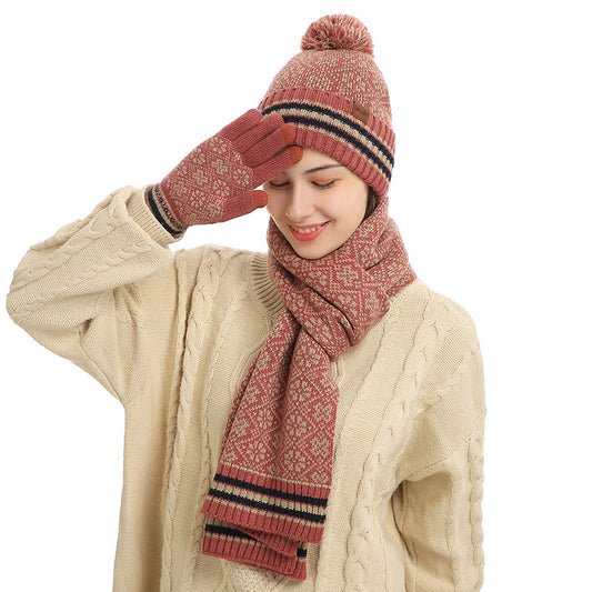 Three-piece Winter  Knitted Warm Woolen Hat Scarf And Gloves