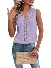 V-neck Stitching Hollow Out Lace Vest T Top For Women