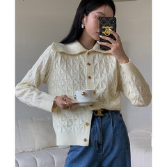 Temperament Lapel Gold Buckle Hollow Sweater Small Fragrance Cardigan