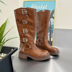 Female Genuine Leather Retro Metal Leather Ring Knee Boots