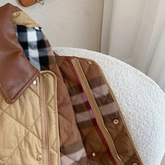 Retro Plaid Stitching Leather Lapel Cotton Coat Jacket Women