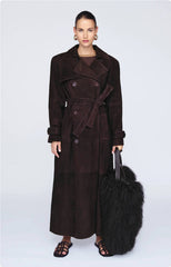 Double Breasted Lapel Shift Coat With Belt Fashion Vintage Suede Long Coat Winter Outwear Women's Clothing