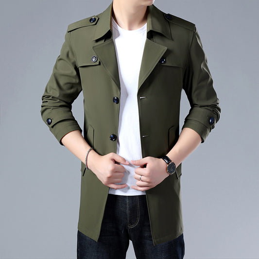 Spring And Autumn Men's Trench Coat With Buttons  Jacket Slim Regular Classic Jacket
