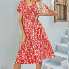 Summer Floral Print Short Sleeved V-neck High Waisted Dress A-line Skirt Mid Length Skirt