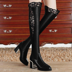 Women's Chunky Heel Boots Fleece-lined Lace