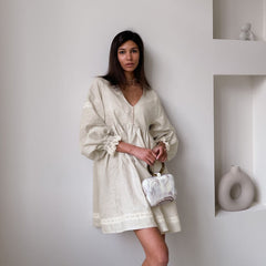 Cotton And Linen French Dress Temperament Commute V-neck Lantern Sleeve Loose Dress