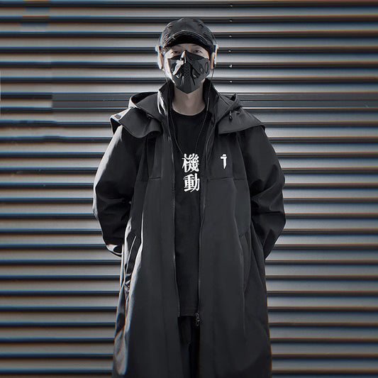 Mechanical Style Double Zipper Long Trench Coat Men's Loose Casual Hooded Coat
