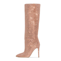 Pointed Toe Cashmere Solid Color Women's Rhinestone Stiletto Heel Knee Boots