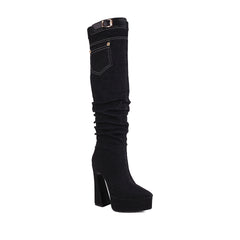 Women's Pointed Toe Platform Chunky Heel Denim Straight Over Knee Boots