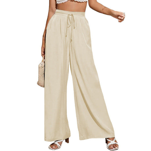 European And American Summer Pure Color Elastic Waist Lace-up Loose Wide-leg Pants