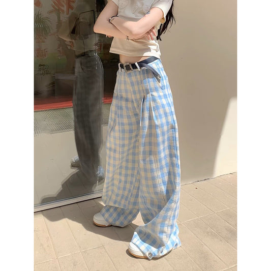 Blue And White Plaid Summer Trousers Loose Cotton Wide Leg Pants For Women