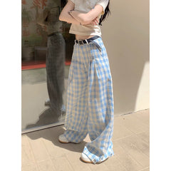 Blue And White Plaid Summer Trousers Loose Cotton Wide Leg Pants For Women