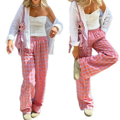 Straight High Waist Plaid Wide-leg Trousers