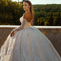 Fashion Shiny Long Sleeve Ball Gown Fitted Waist Backless Sequin Wedding Dress