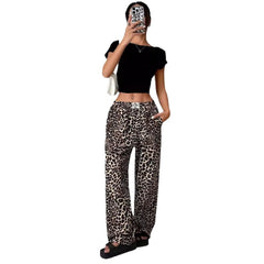 Leopard Print Straight Casual Printed Trousers Loose Wide Leg Pants For Women