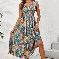 Women's Fashion Printed V-neck Sleeveless Dress