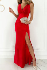 Summer New Pure Color Simple V-neck Sleeveless Dress