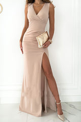 Summer New Pure Color Simple V-neck Sleeveless Dress