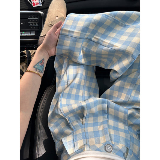 Blue And White Plaid Summer Trousers Loose Cotton Wide Leg Pants For Women
