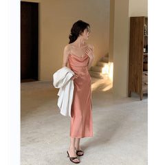 Satin Texture Swing Collar Drill Chain Suspender Skirt For Women