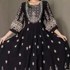 Ethnic Style Flower Printed Literary Retro Pine Casual Dress