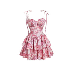 Floral Strap Retro Double Layer Helm Dress