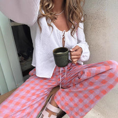 Straight High Waist Plaid Wide-leg Trousers