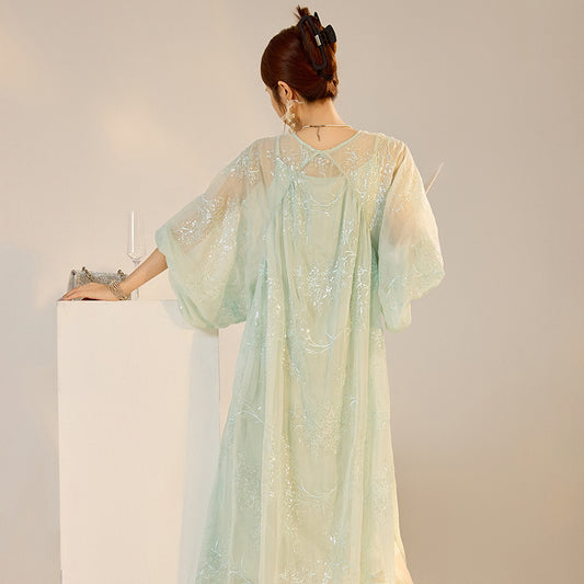 Summer New Chinese Style Elegant Dress National Style New Loose Sequins