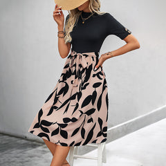 Printed AB Stitching Short Sleeve Lace-up A- Line Skirt