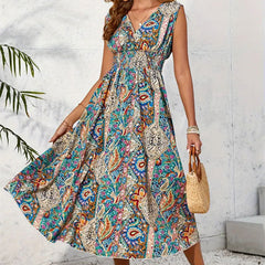 Women's Fashion Printed V-neck Sleeveless Dress