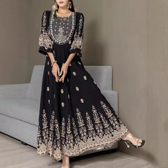 Ethnic Style Flower Printed Literary Retro Pine Casual Dress