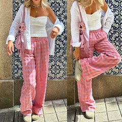 Straight High Waist Plaid Wide-leg Trousers