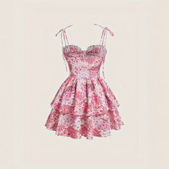 Floral Strap Retro Double Layer Helm Dress