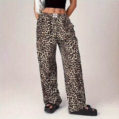 Leopard Print Straight Casual Printed Trousers Loose Wide Leg Pants For Women