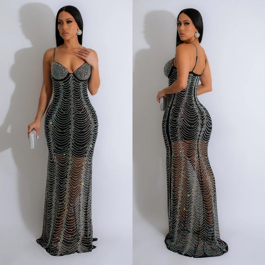European And American Fashion Women's Pure Color Mesh Rhinestone Strap Dress