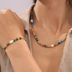 Bohemian Style Dopamine Freshwater Pearl Natural Stone Beaded Necklace
