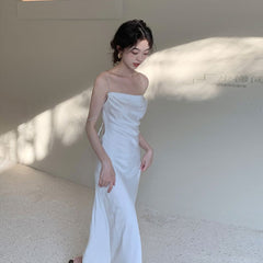 Satin Texture Swing Collar Drill Chain Suspender Skirt For Women