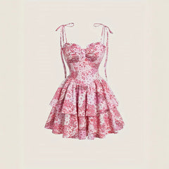 Floral Strap Retro Double Layer Helm Dress