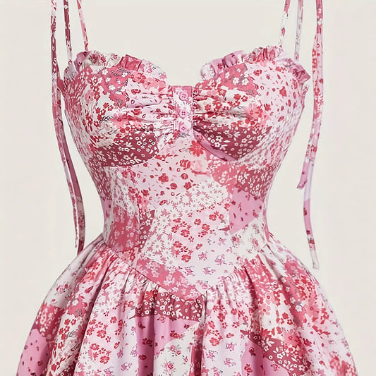 Floral Strap Retro Double Layer Helm Dress