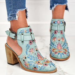 Personalized Retro Embroidered Rivet High Heels Chunky Heel Women's Sandals