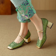 Embossed Silk Kitten Heels Matching Square Head With Thick