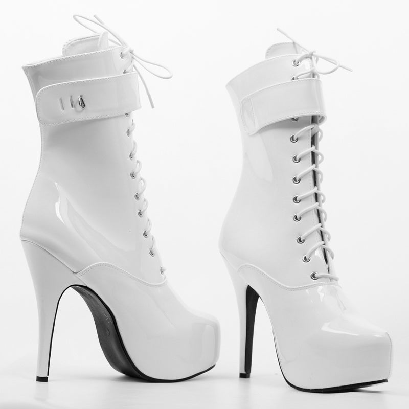 Women's Heel Platform Lace-Up Patent Leather Short Boots