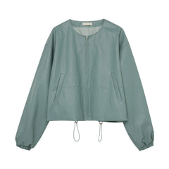 Autumn Drawstring Simple  Leather Jacket Top Fashionable Clothing