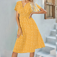 Summer Floral Print Short Sleeved V-neck High Waisted Dress A-line Skirt Mid Length Skirt