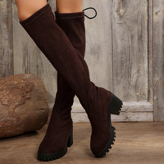 Sexy Leopard Over The Knee Boots With Back Lace-up Design  Socks Shoes Winter Chunky Heels Long Boots