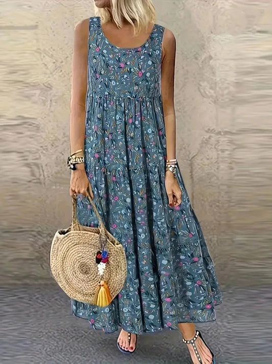 Holidaya Ladies Summer Floral Print Round Neck Sleeveless Dress For Casual Or Vacation