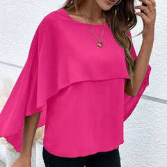 Women's Summer Chiffon Blouses Casual Scoop Neck Cape Sleeve Tunic Tops Shirts