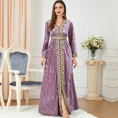 Loose Slim V-neck High-end Women's Long-sleeved Canary Velvet Dress