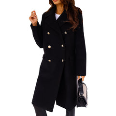 Women's Simple Long Sleeve Lapel Double Breasted Woolen Coat